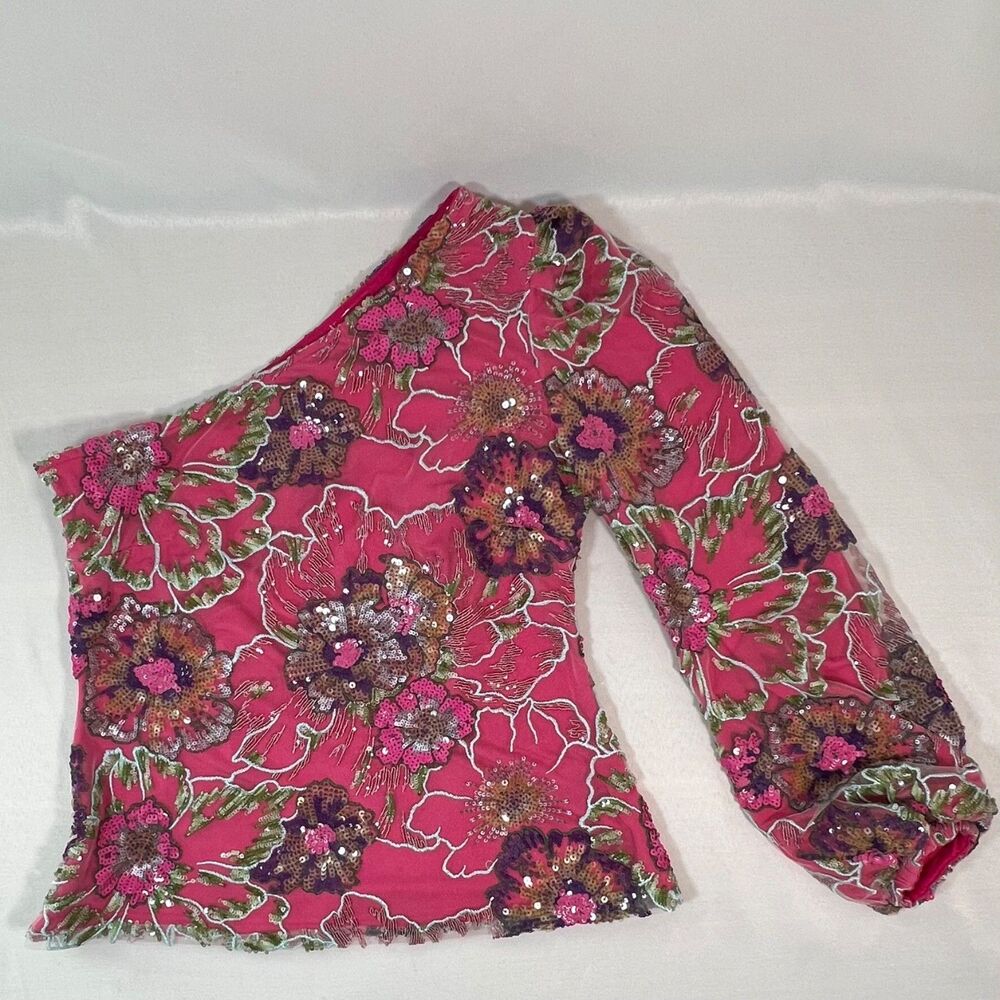 Boston Proper Sequin Multicolor Floral Mesh One Shoulder Top S Glam Maximalist